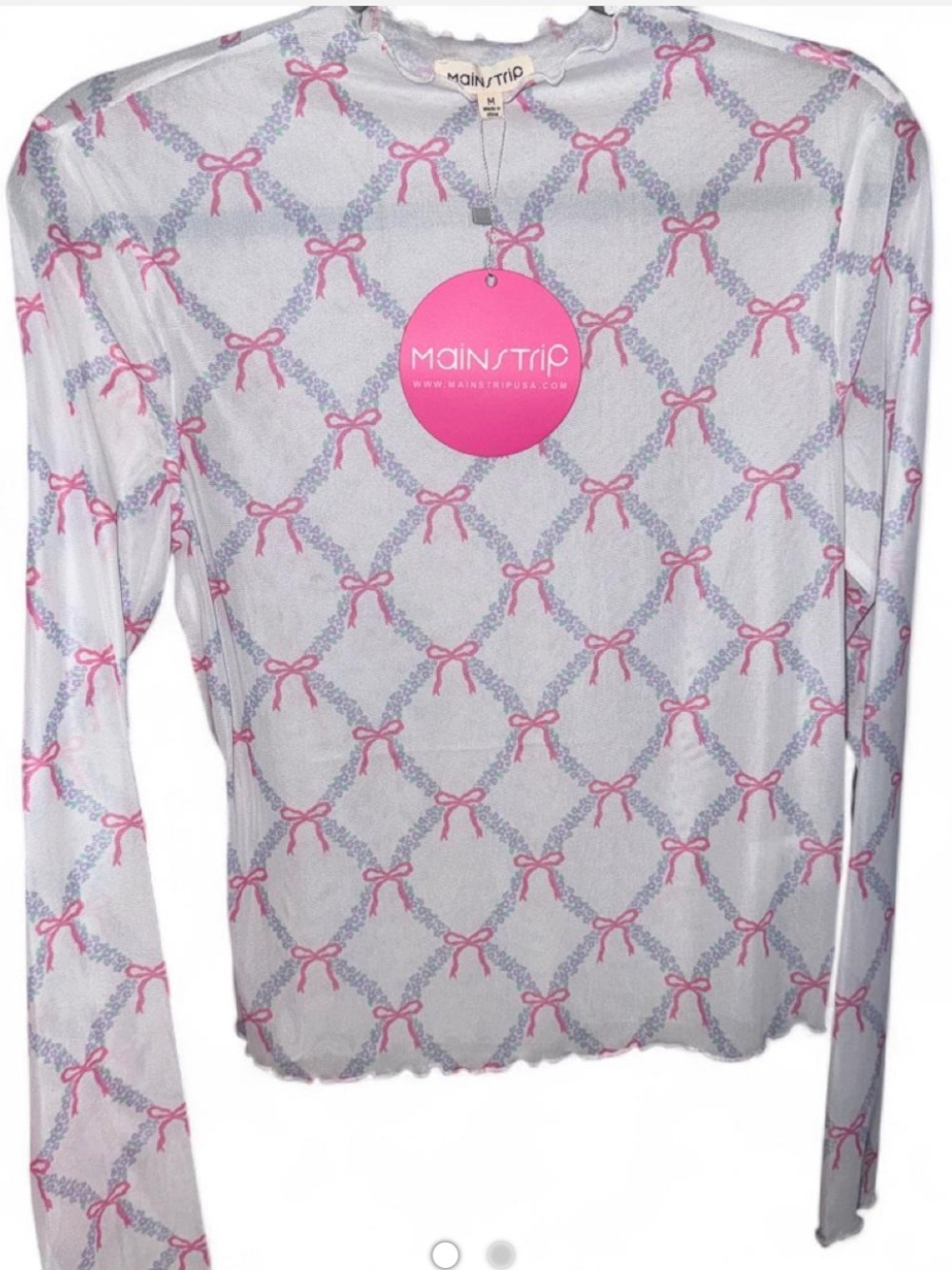 Main Strip Sheer White Top with Pink Bow Wreath Print